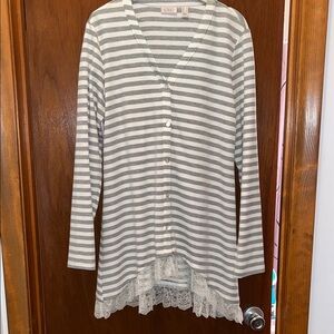 LOGO by LORI GOLDTEIN Gray and White Striped Cardigan with Lace Hem NEW M